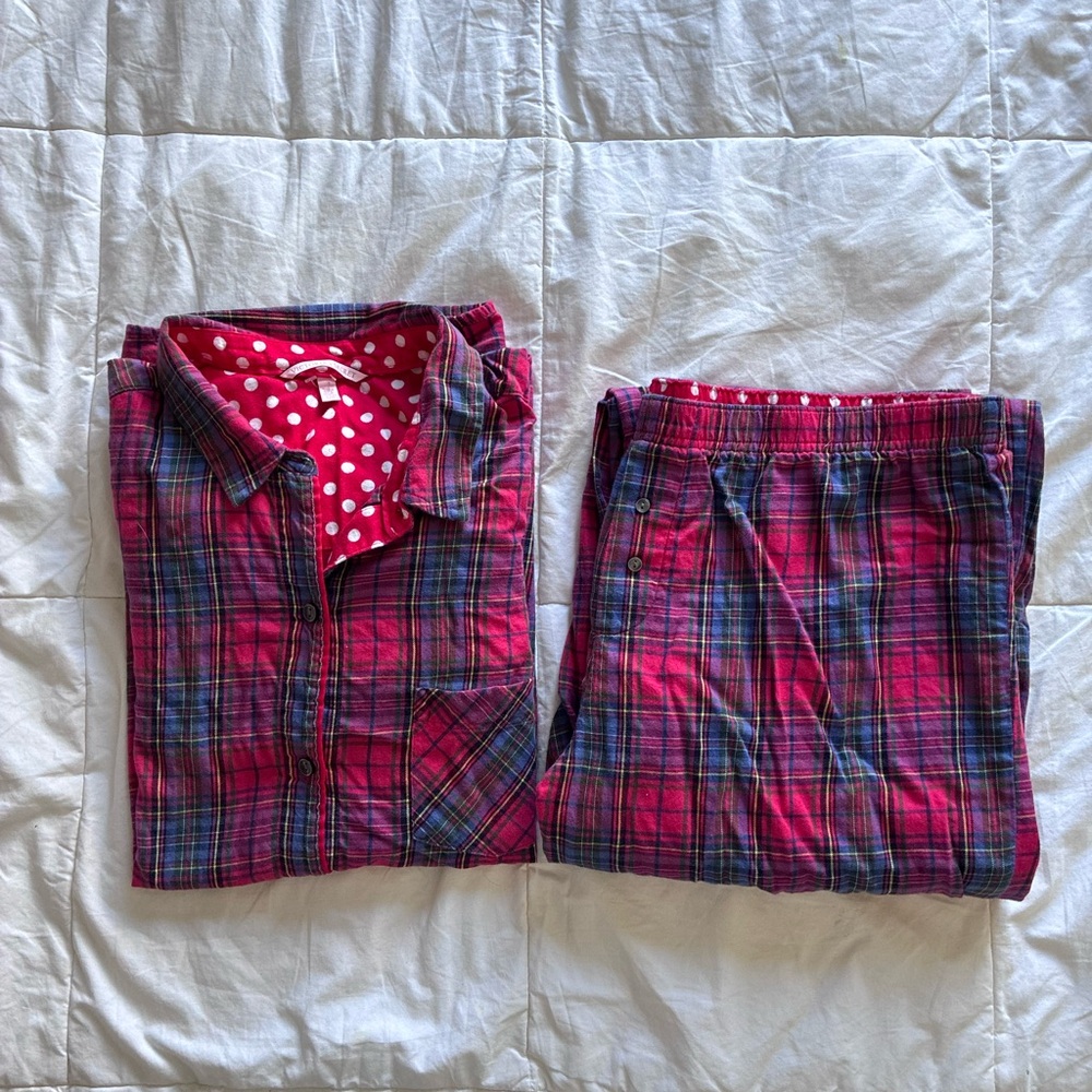 Victoria's Secret Red and Blue Plaid with Polka Dot Size Large Pajama Set
